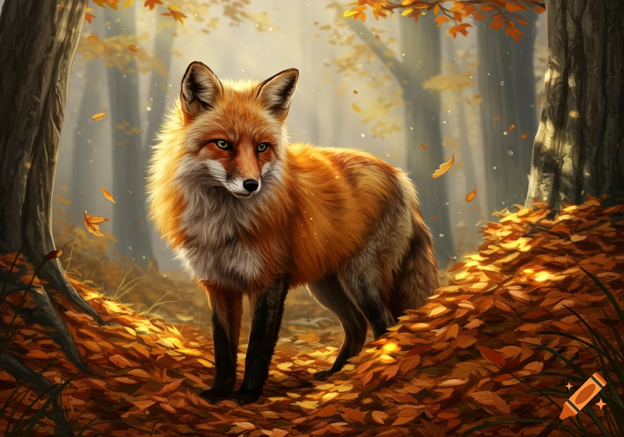 A red fox stands in a sunlit autumn forest, surrounded by fallen golden leaves. Digital art.