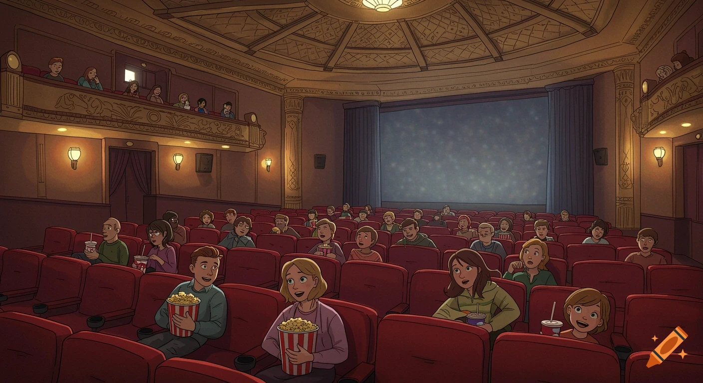 A wide cartoon illustration of a movie theater interior with an audience in red seats watching a starry screen.