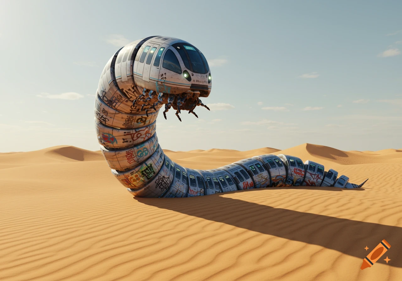 A giant worm-like creature made of train cars, covered in graffiti, rises from the sand dunes in a vast desert under a clear sky.