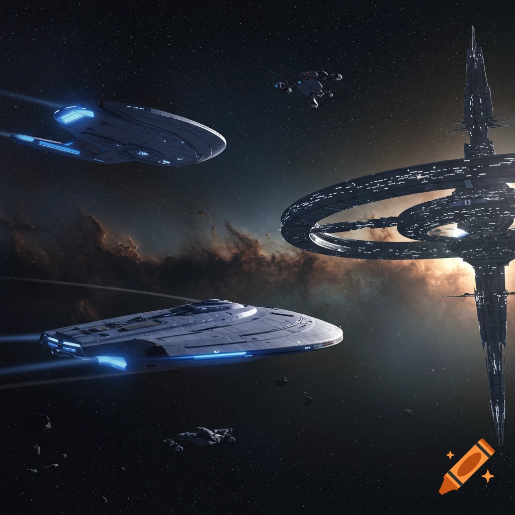 Two sleek bluish-gray spaceships with blue engine trails approach a large, intricate space station in a starry nebula-filled outer space.