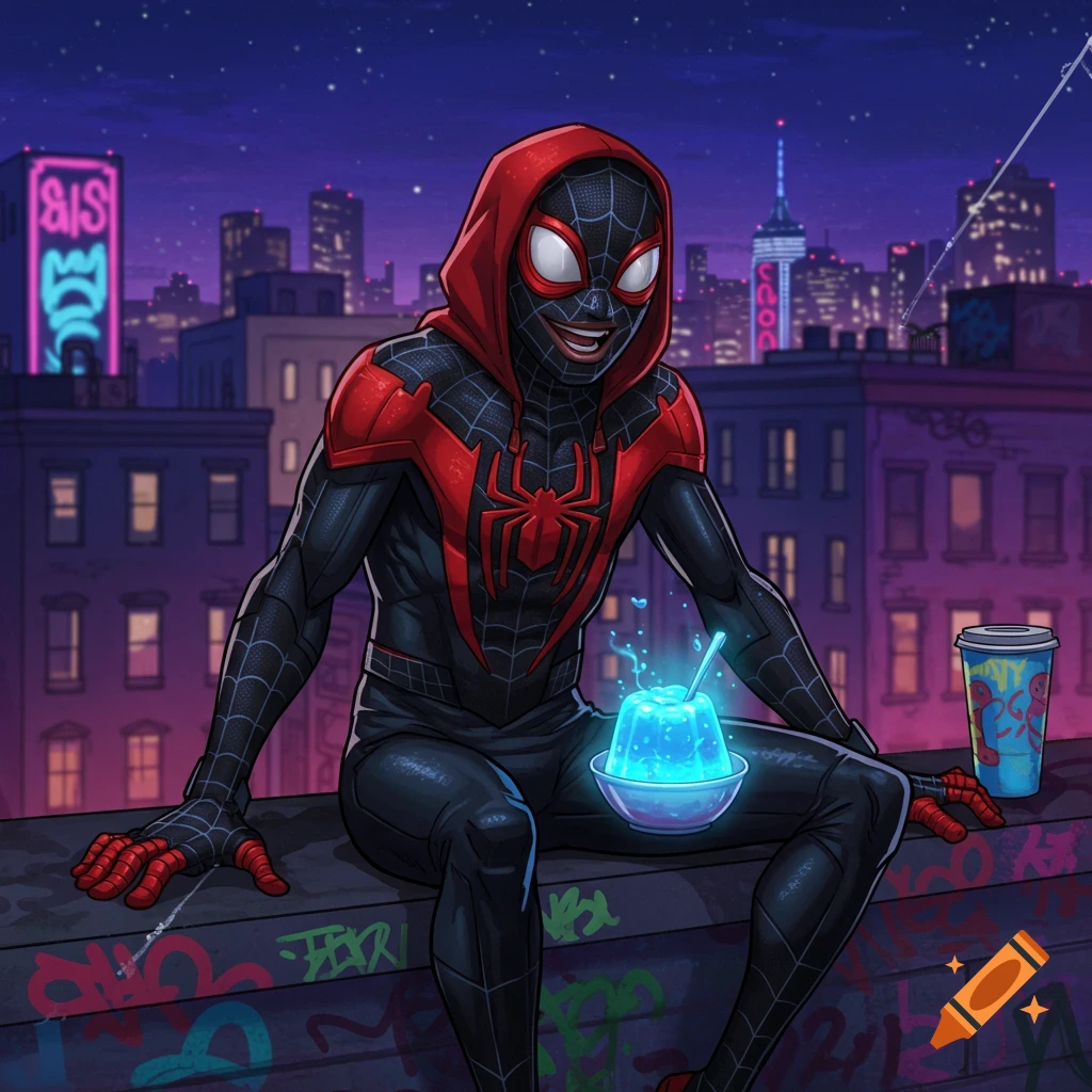 Miles Morales in his Spider-Man suit and red hoodie sits on a graffiti-covered rooftop at night, holding a glowing blue jello cup and a coffee cup, with a city skyline in the background.