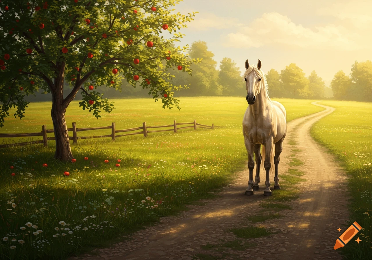 A white horse stands on a dirt path in a sunny green meadow beside an apple tree laden with red apples.