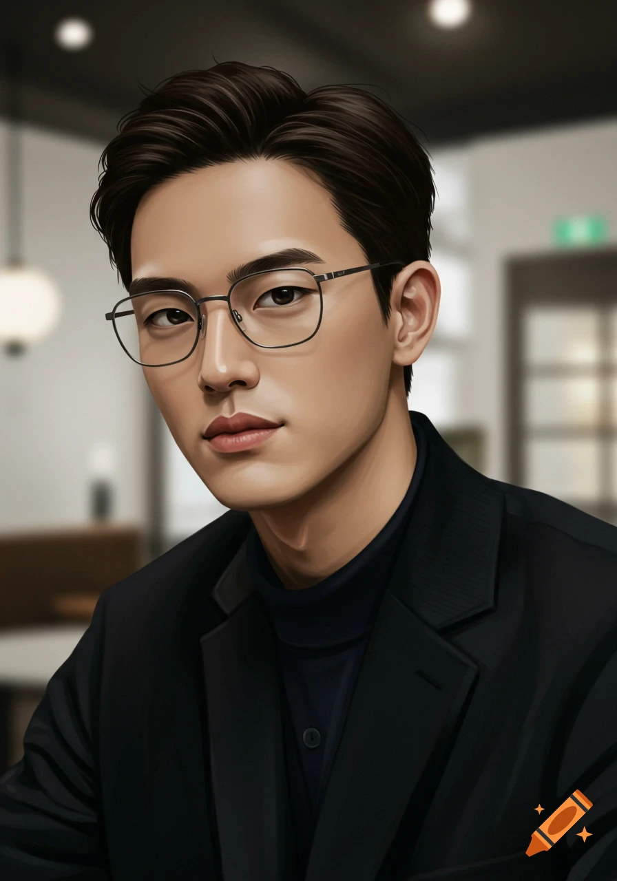 Digital illustration of a modern young man with dark hair and square titanium glasses, looking directly at the camera in a soft-lit cafe.
