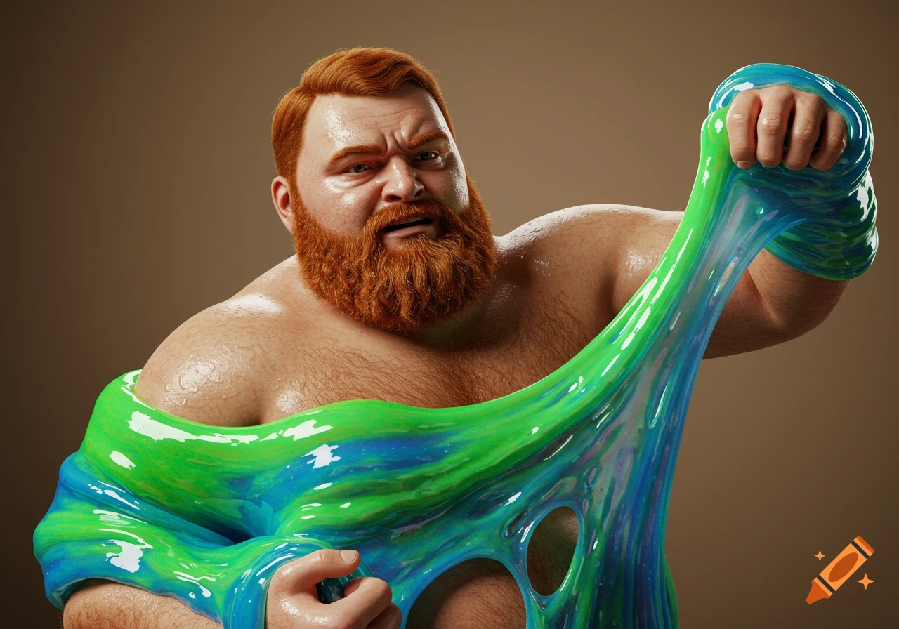 A red-bearded, chubby man's upper torso struggles against vibrant green and blue slime that envelops him.