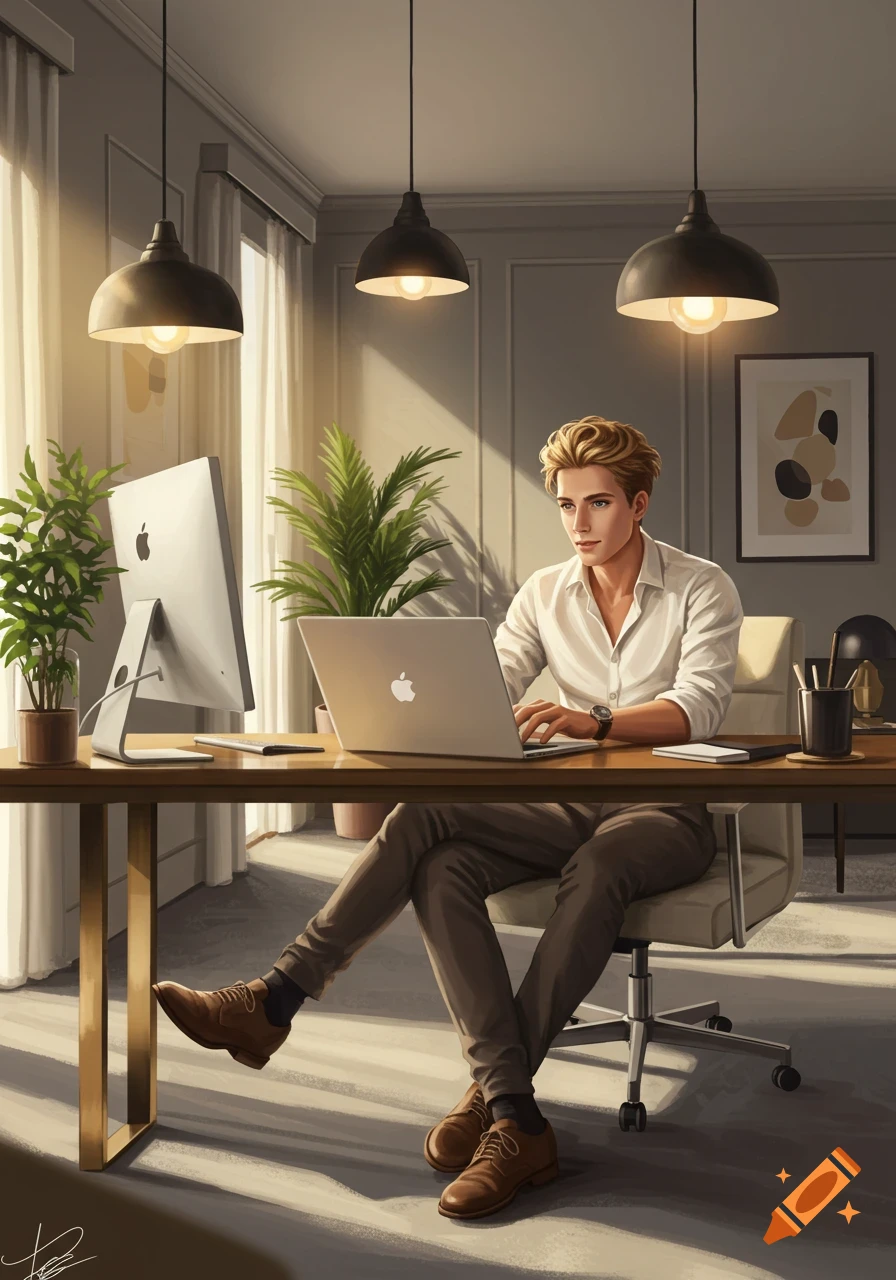 A man with blonde hair sits at a wooden desk with a laptop and monitor in a well-lit office.