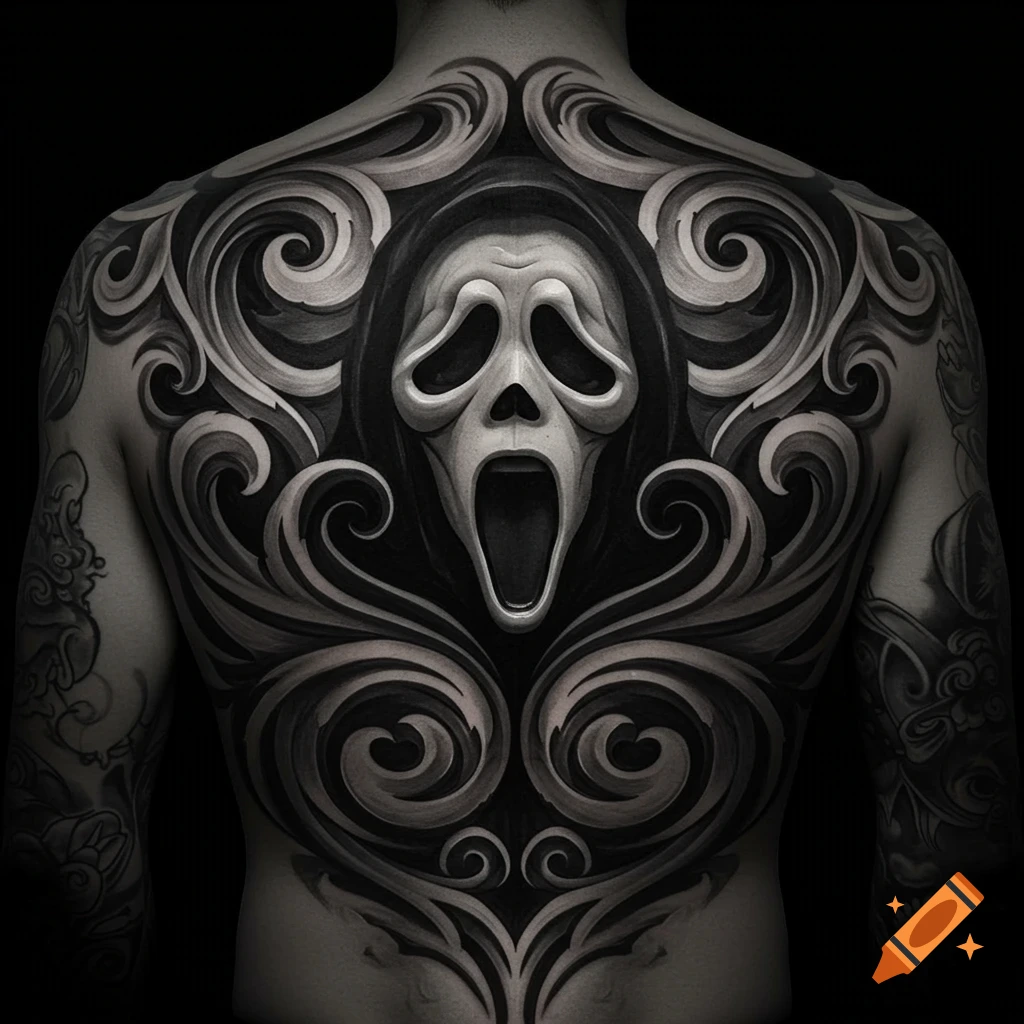 A detailed black and gray tattoo of the Ghostface mask on a person's back, surrounded by intricate swirling line work.