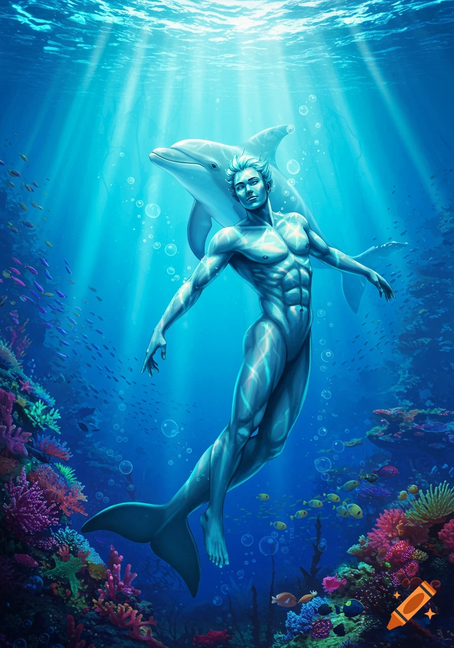 A muscular, blue-skinned human-like man with a dolphin tail swims gracefully underwater with a dolphin in a vibrant coral reef, bathed in sunlight.