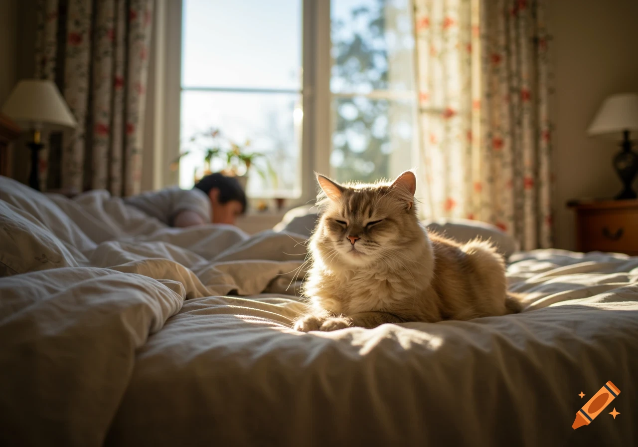 A fluffy cat lies on a bed, bathed in sunlight from a window, with a person blurred in the background.