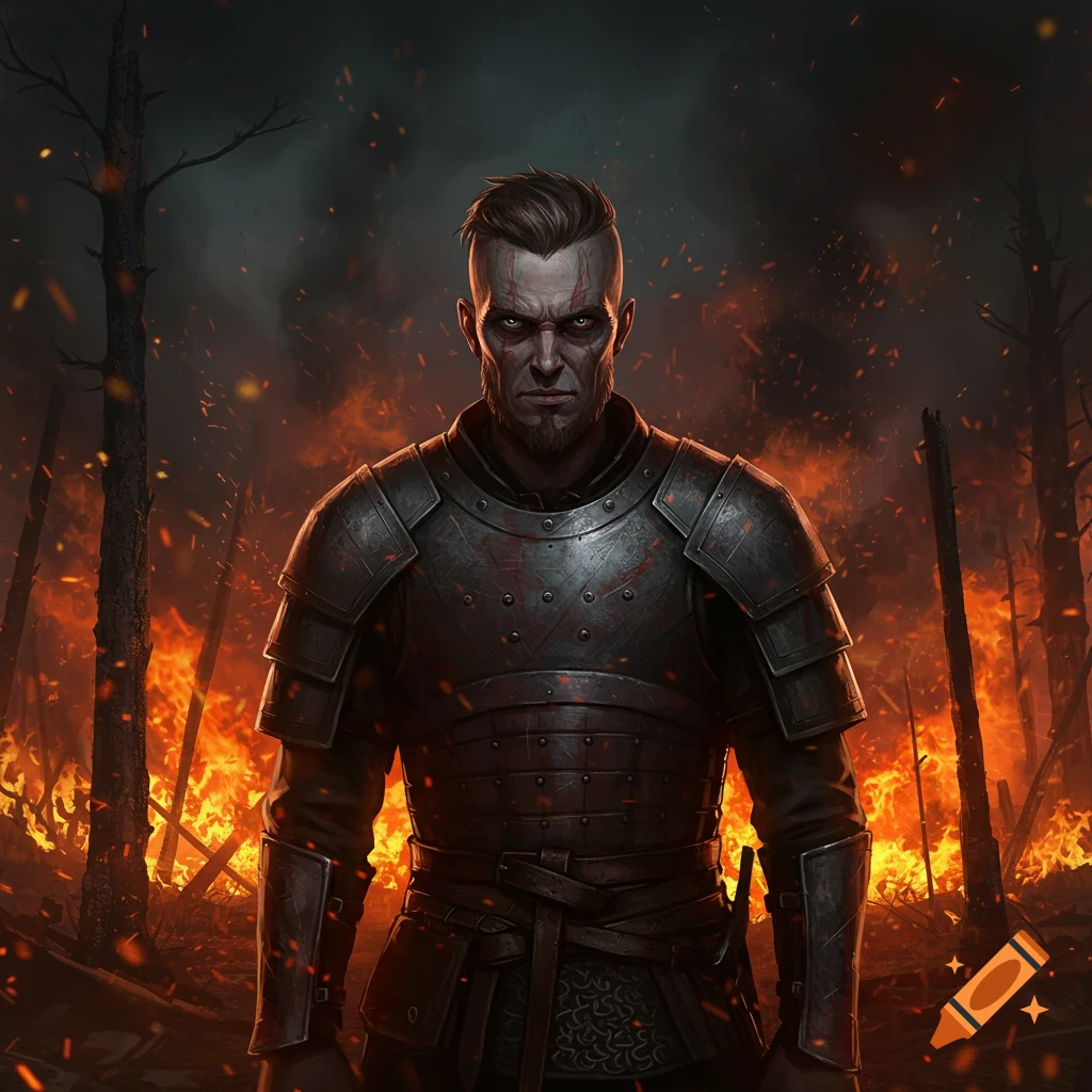 A fierce warrior in dark armor with a stern face stands in a burning forest under a smoky sky.