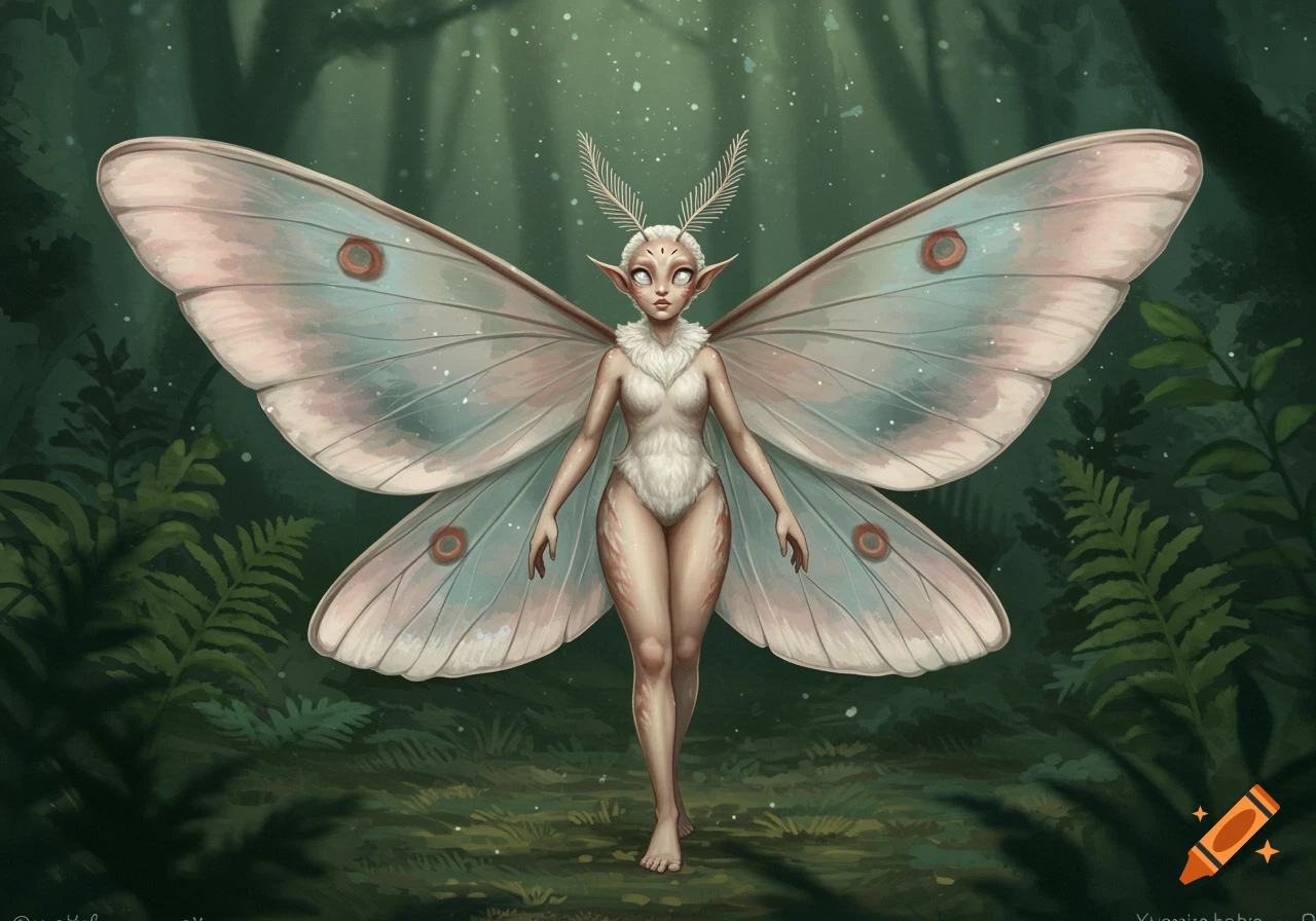 A humanoid silk moth woman with large, pale wings and furry body stands in a dark forest, facing forward.