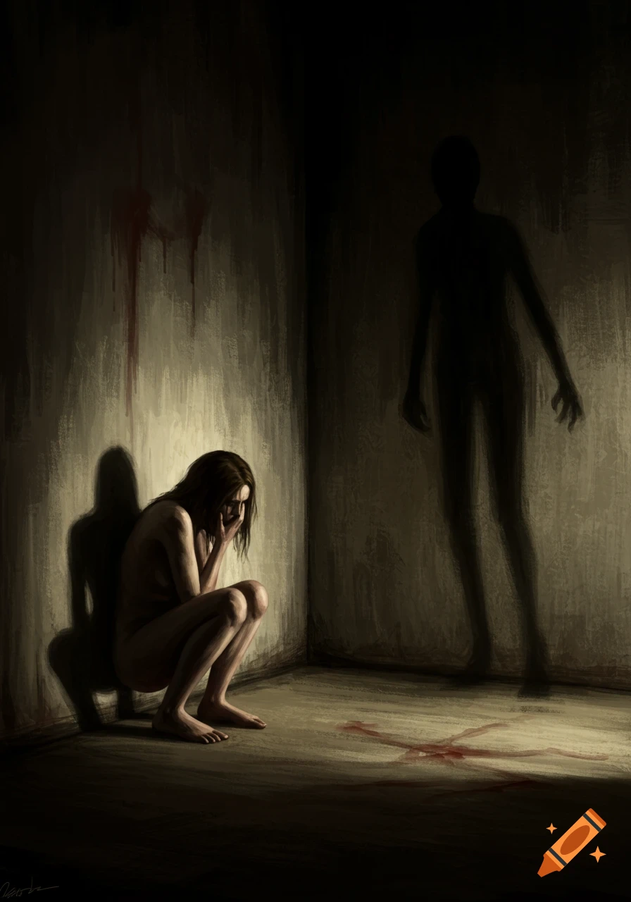 A distressed person crouches naked in a dark, dimly lit corner with bloodstains on the wall and floor, while a dark, looming silhouette stands nearby. The image has a painterly, expressionist style with dramatic chiaroscuro lighting.