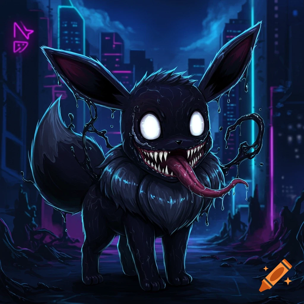 A black, monster-like Eevee with white eyes, sharp teeth, and a long red tongue stands in a dark, neon-lit cityscape.