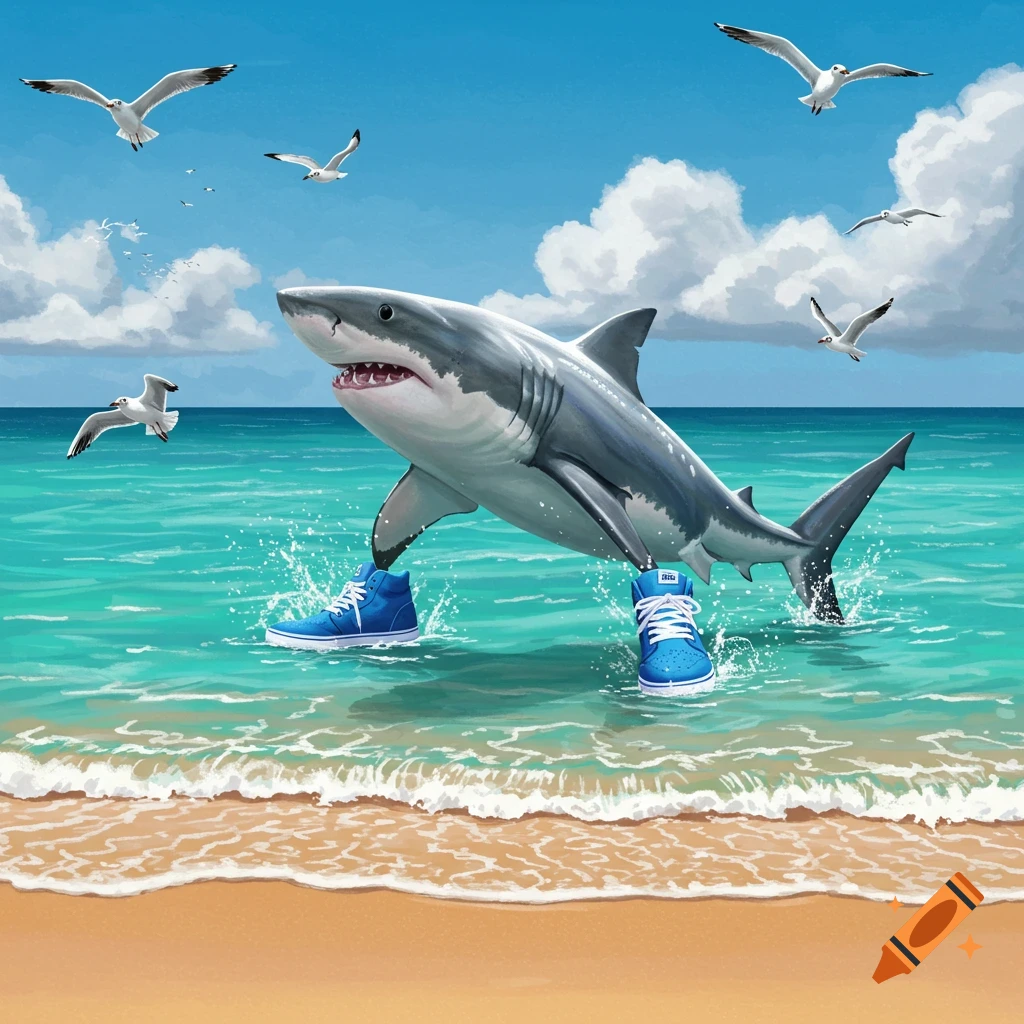 A great white shark wearing blue high-top sneakers splashes in the turquoise ocean water near a sandy beach under a blue sky with seagulls flying overhead.