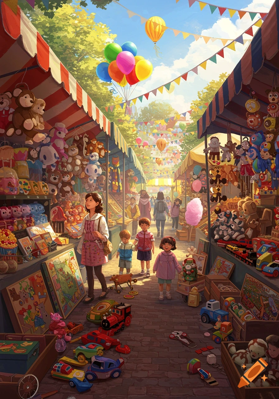 A vibrant outdoor toy fair with people browsing stalls full of plush toys and other playthings under colorful awnings and balloons, illustrated.