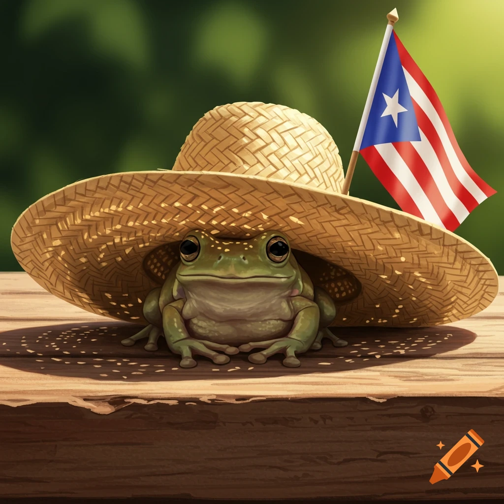A cute frog wearing a straw hat sits on a wooden surface, with a small Puerto Rican flag next to it.