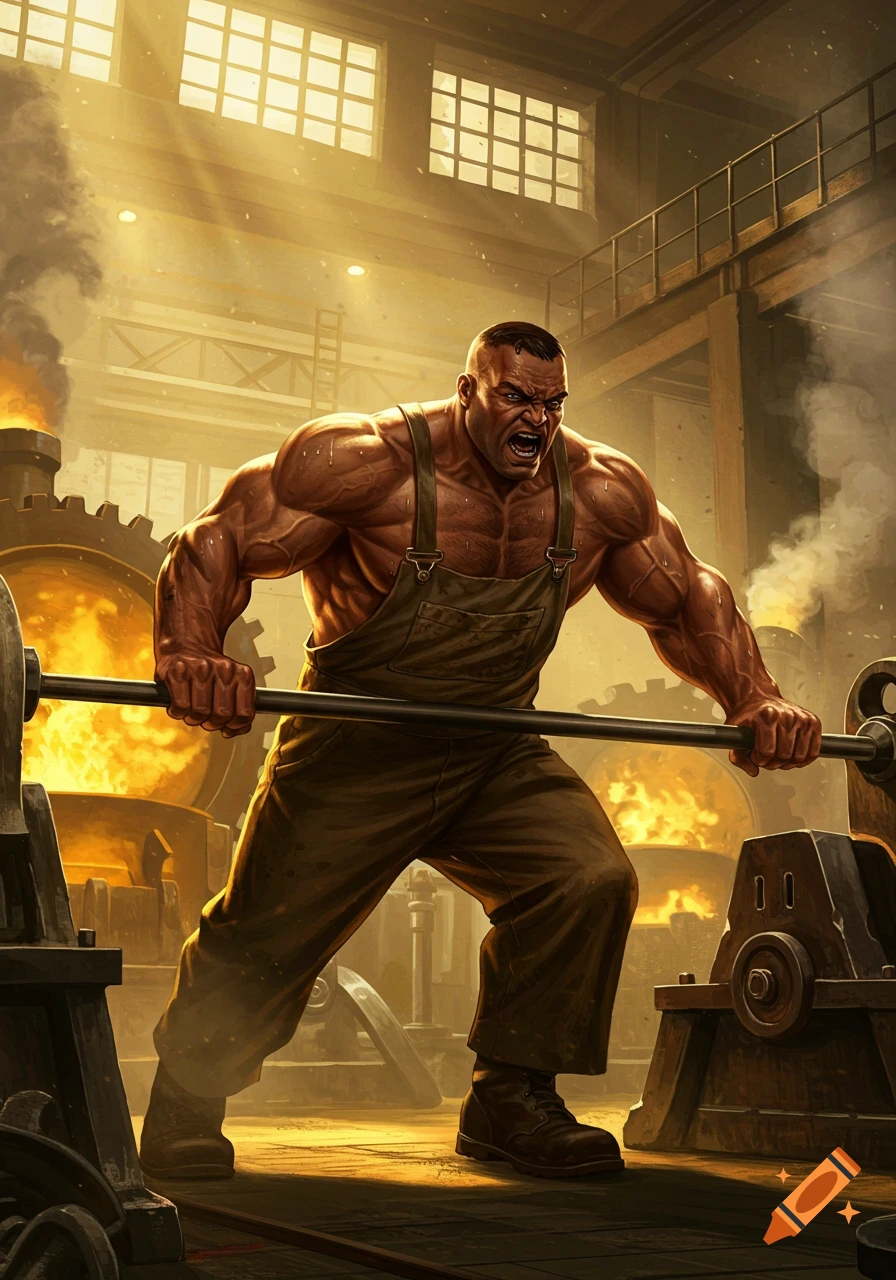 A muscular man in overalls strains to lift a heavy bar in a smoky, fiery industrial factory.