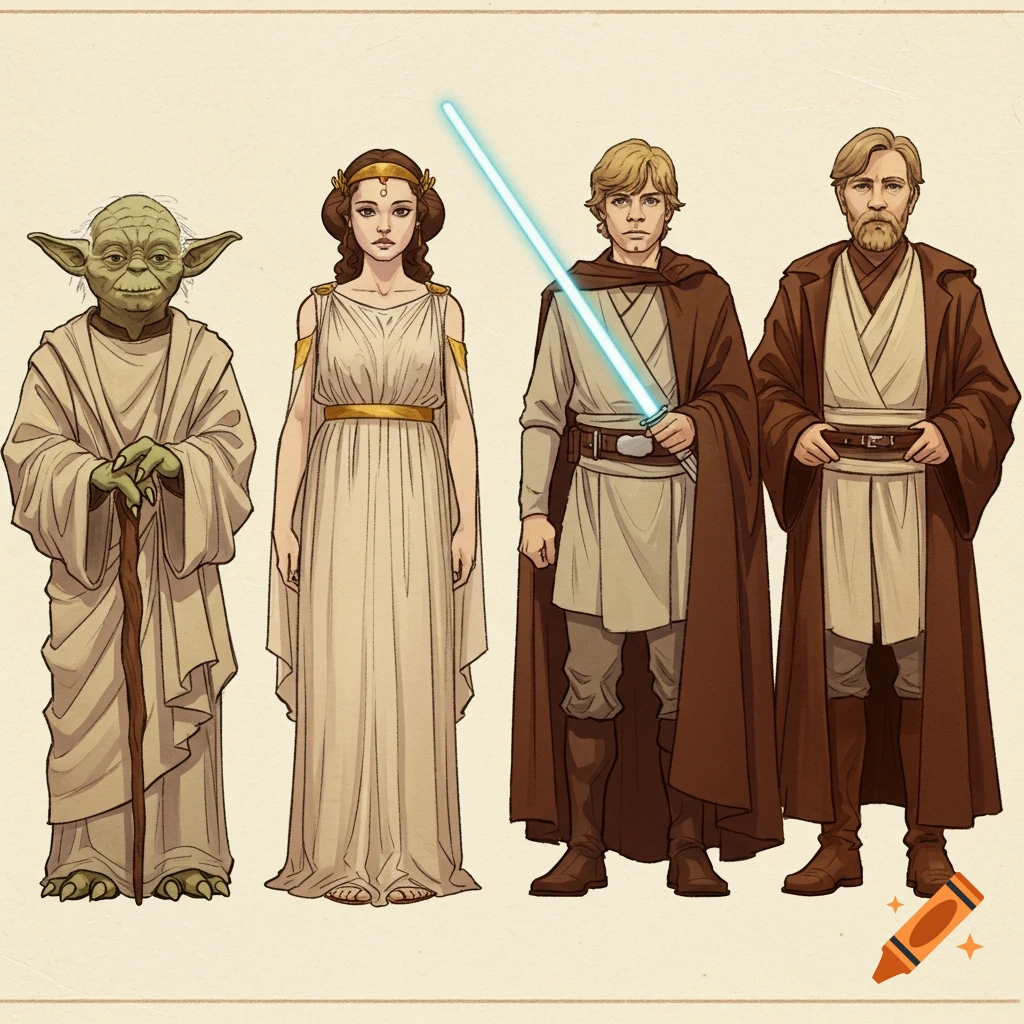 Illustration of Star Wars characters Yoda, Padm d, Luke Skywalker, and Obi-Wan Kenobi in Grecian-style robes, standing in a line.