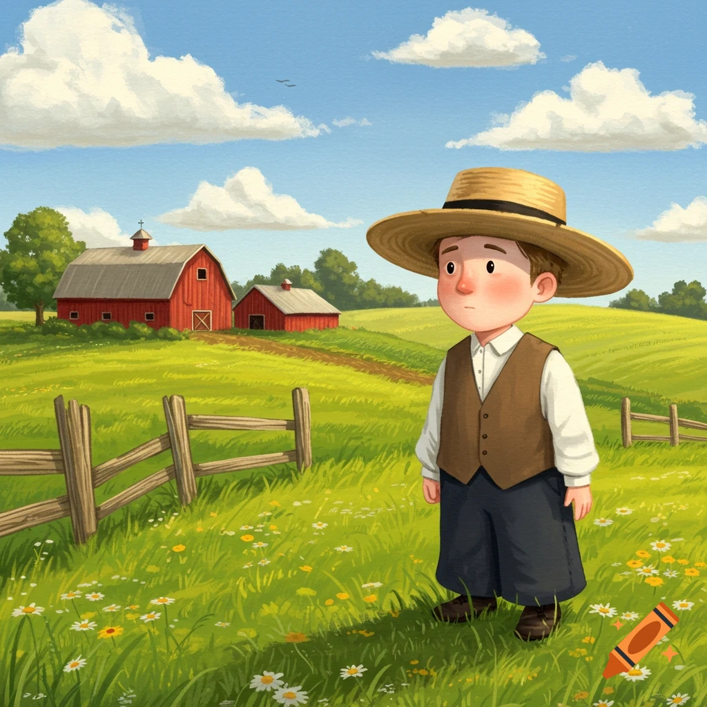 A cartoon boy in Amish attire stands in a green field with red barns and a blue sky.