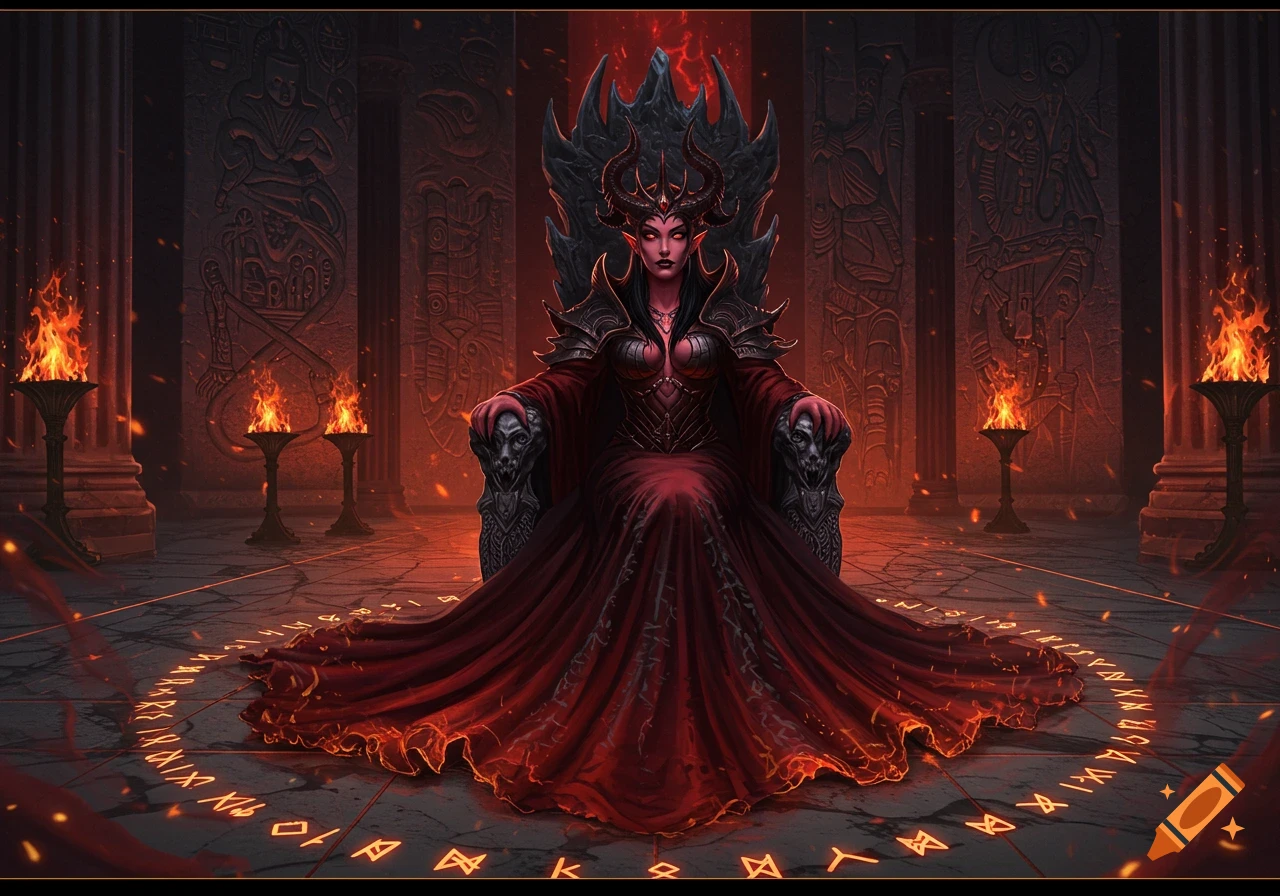 A red-skinned demon queen with horns and a flowing red gown sits on a skull-adorned throne in a dark, fiery hall with glowing runes.