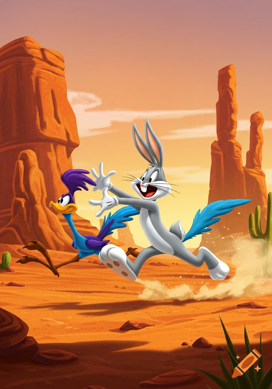 Bugs Bunny chases Road Runner through a vibrant desert landscape with mesas and cacti in a cartoon style.