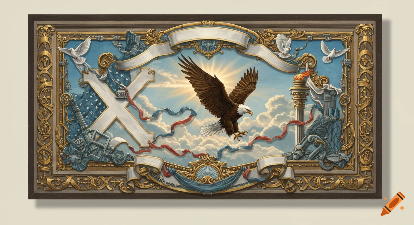 A decorative, framed painting featuring a bald eagle soaring against a cloudy sky with sun rays. Below the eagle are flowing red and blue ribbons. To the left is a large white 'X' overlaid on a blue field with stars, along with a cannon. To the right is a classical column topped with a torch and other symbolic elements. Doves fly in the upper corners.
