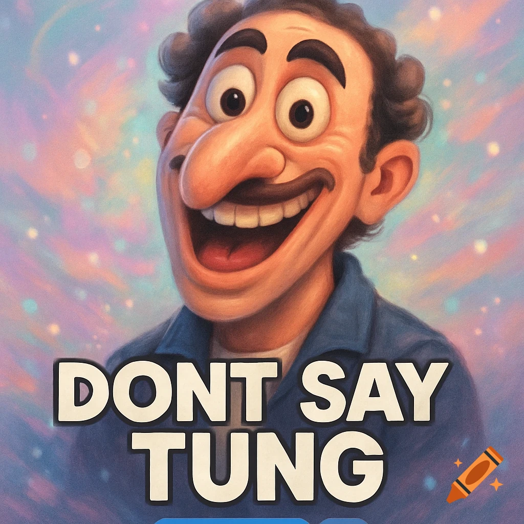 A cartoon caricature of a man with a large nose and wide smile, with the text 'DONT SAY TUNG' below him against a colorful, blurry background.