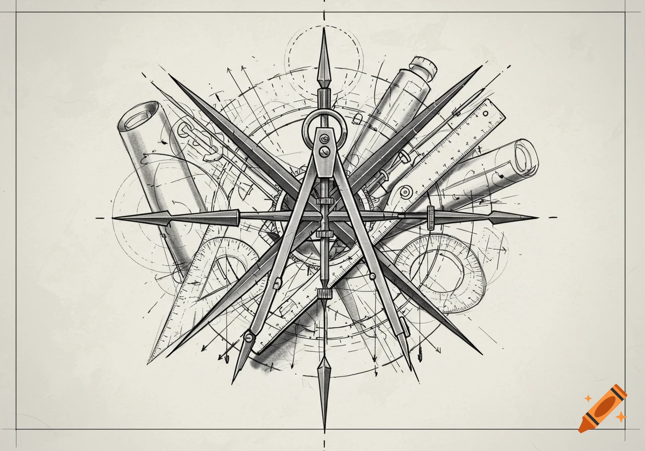 A detailed black and white illustration of drafting tools like a compass, ruler, and protractor, arranged in a symmetrical design.