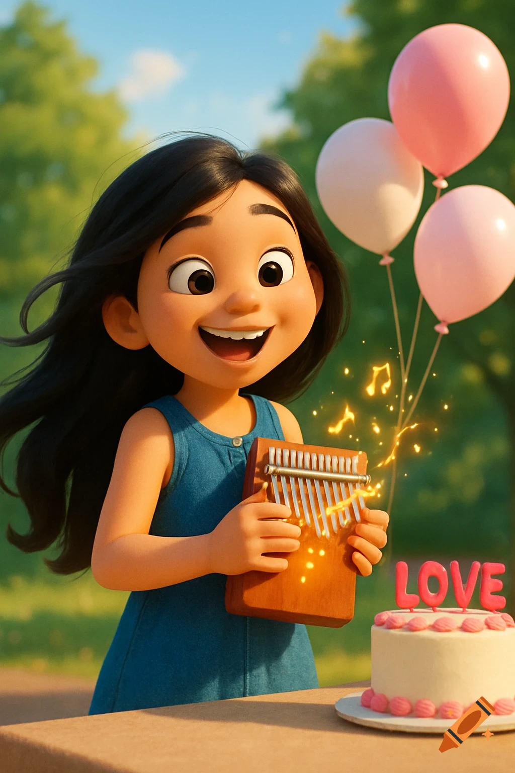 A cheerful Pixar-style cartoon girl playing a kalimba outdoors with balloons and a cake that says 'LOVE'.