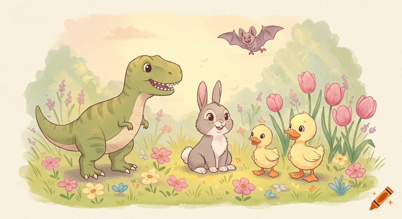 A child-friendly illustration of a friendly T-Rex, bunny, two ducklings, and a bat in a sunny meadow with flowers, in a soft pastel style.