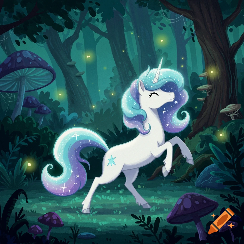 A sparkly unicorn with a blue and purple mane and tail stands in a glowing enchanted forest with mushrooms, in a cartoon style.