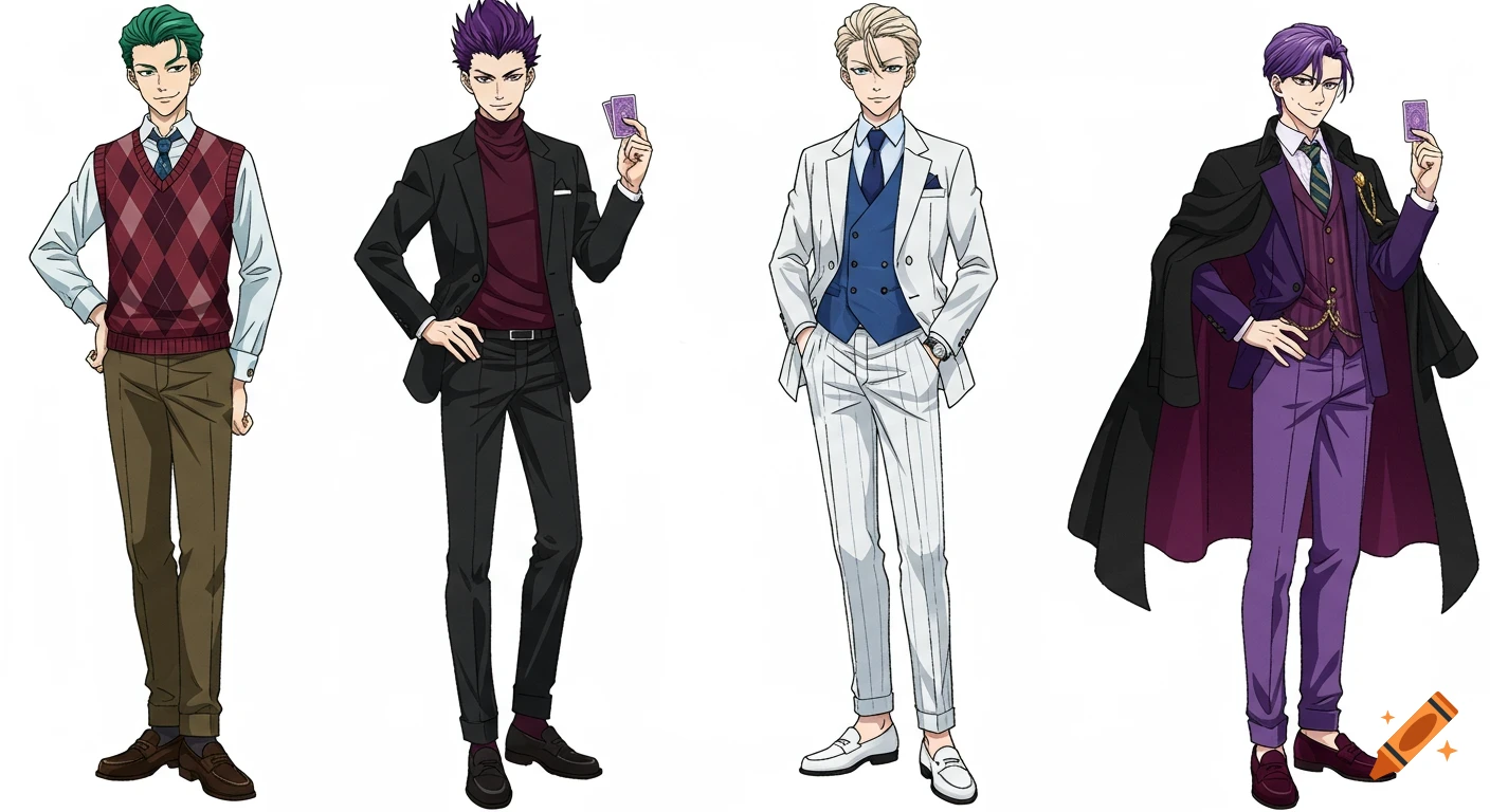 Four anime-style teenage boys, each in a unique preppy and tailored outfit, standing against a white background.