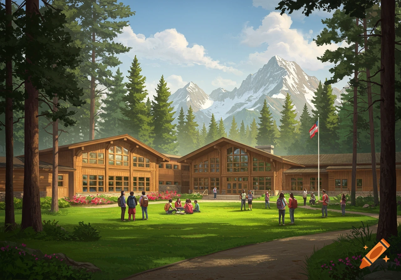 An illustration of students on a grassy lawn in front of wooden school buildings, surrounded by pine forests and snowy mountains.
