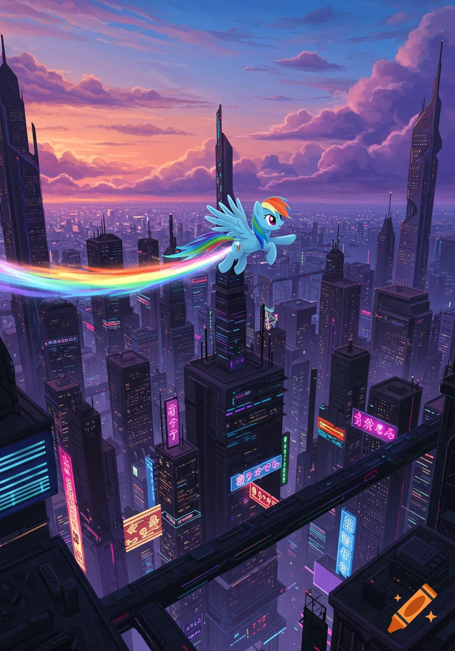 Rainbow Dash, a blue pegasus pony with a rainbow mane and tail, flies over a futuristic city with neon lights at sunset.
