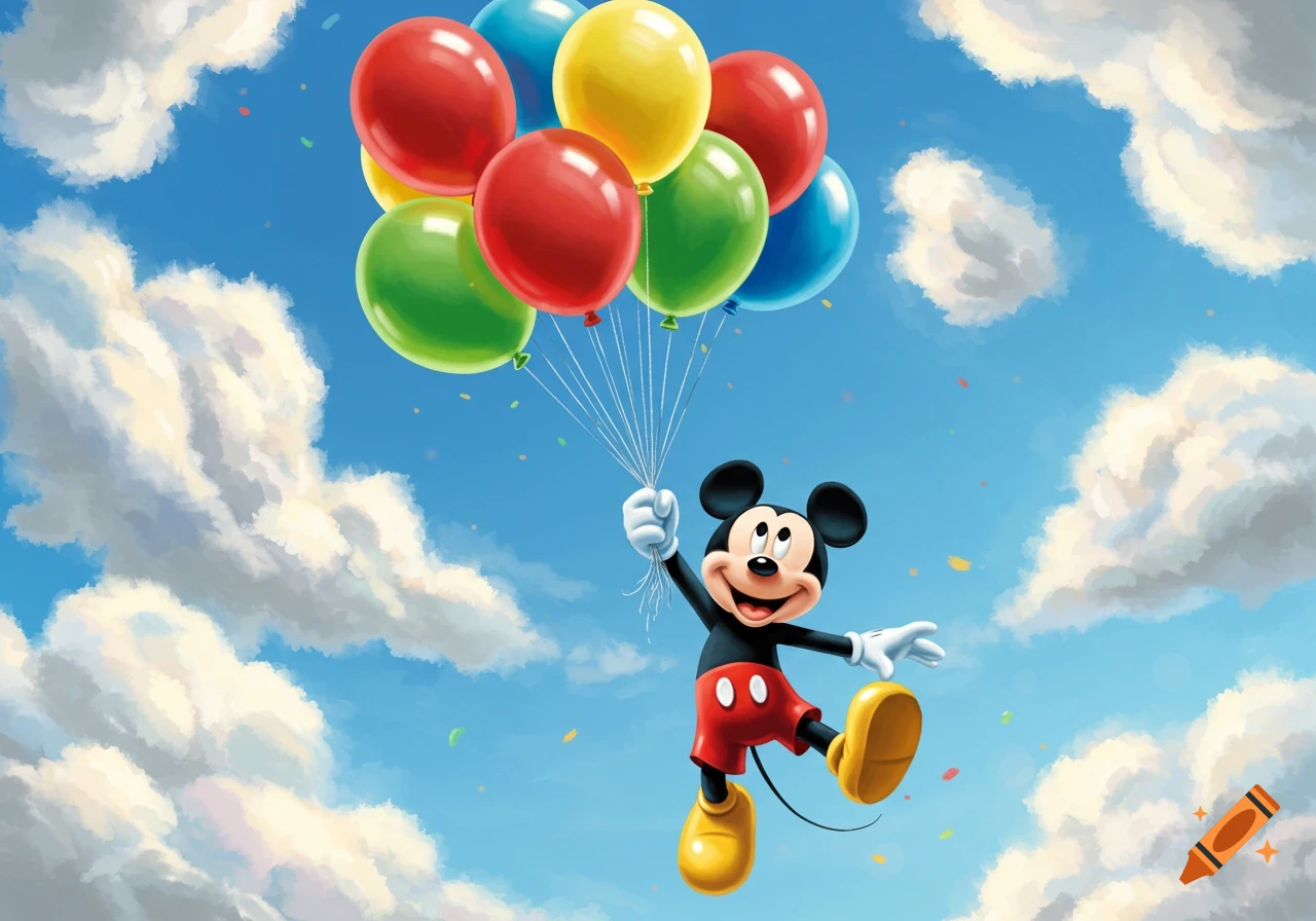 Mickey Mouse holding colorful balloons and floating in a blue sky with clouds
