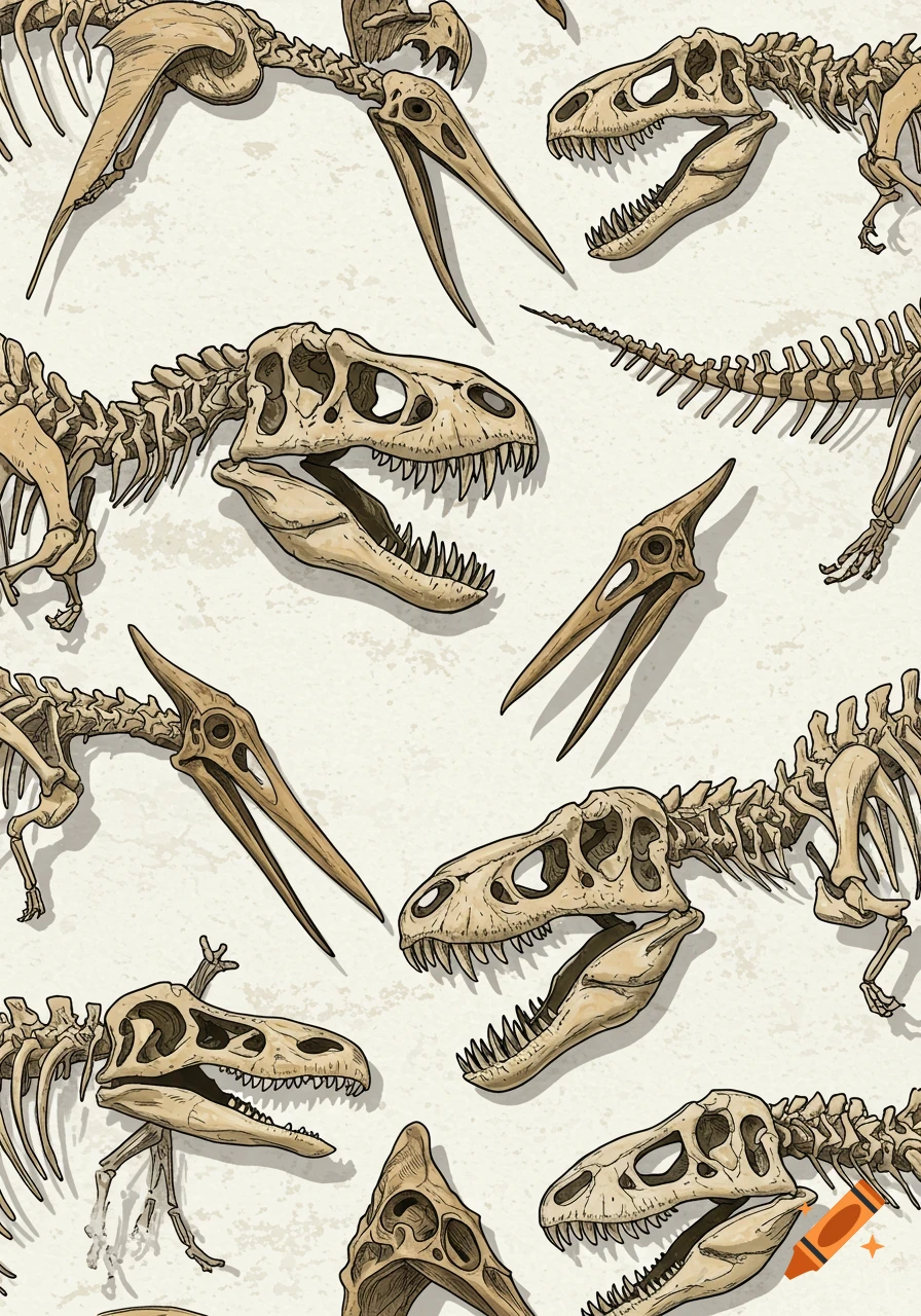 An illustrative seamless pattern of various dinosaur skeletons and skulls on an off-white rustic background.