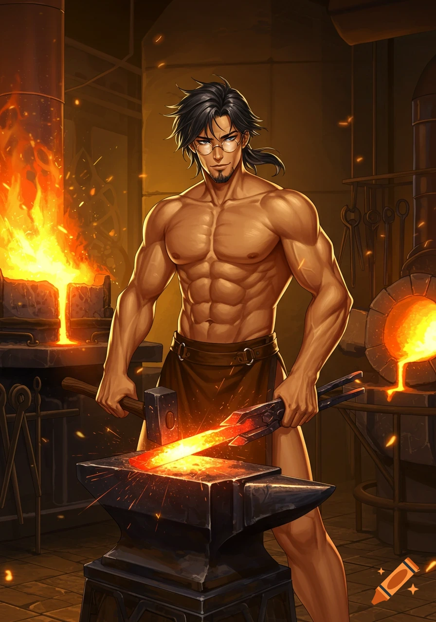 A shirtless muscular anime man with glasses and a beard, working as a blacksmith, holding a glowing hot metal bar on an anvil.