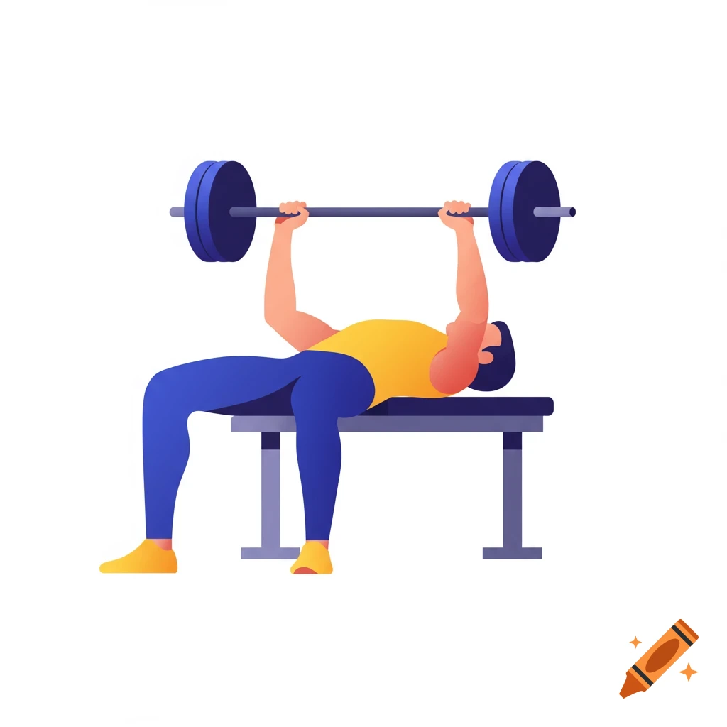 A colorful vector illustration of a person in a yellow shirt and blue pants doing a bench press on a white background.
