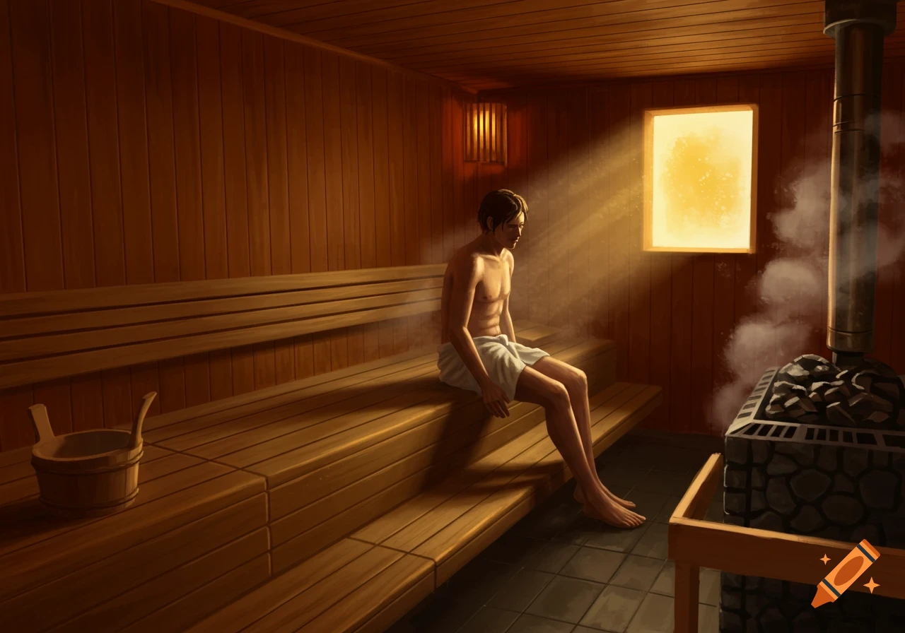 A person wearing a towel sits on a wooden bench inside a sauna, with steam rising from the heater and light streaming from a window.