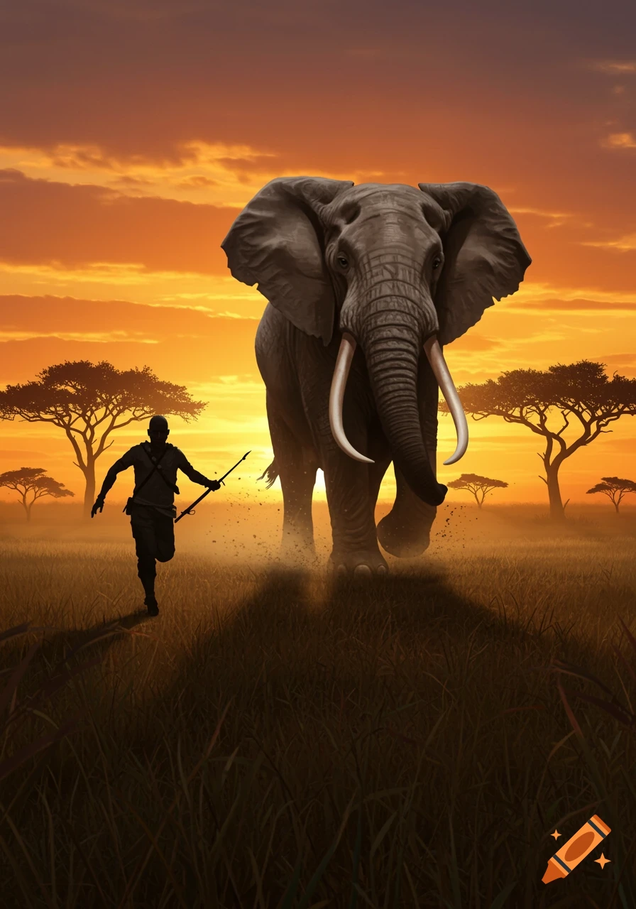 A silhouette of a person running from a large elephant in a grassy savannah at sunset.