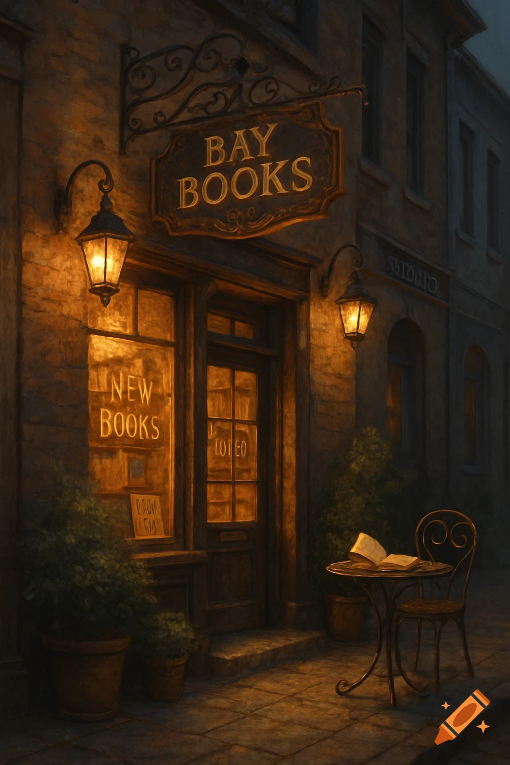 A warmly lit old-fashioned bookstore called 'Bay Books' at night, with a small table and open book outside.