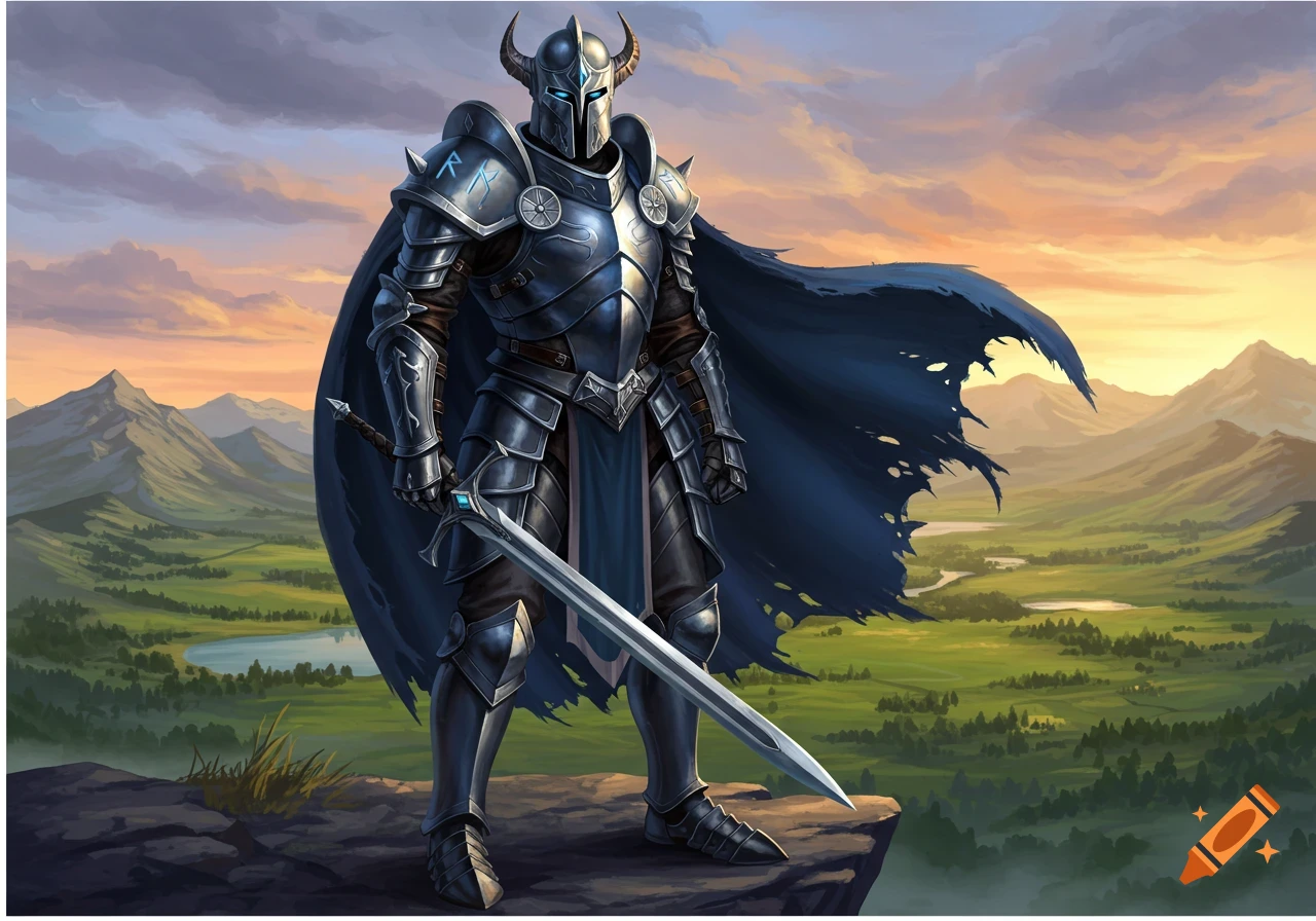 A knight in dark, horned armor stands on a cliff, holding a large sword, overlooking a green valley with mountains at sunset.