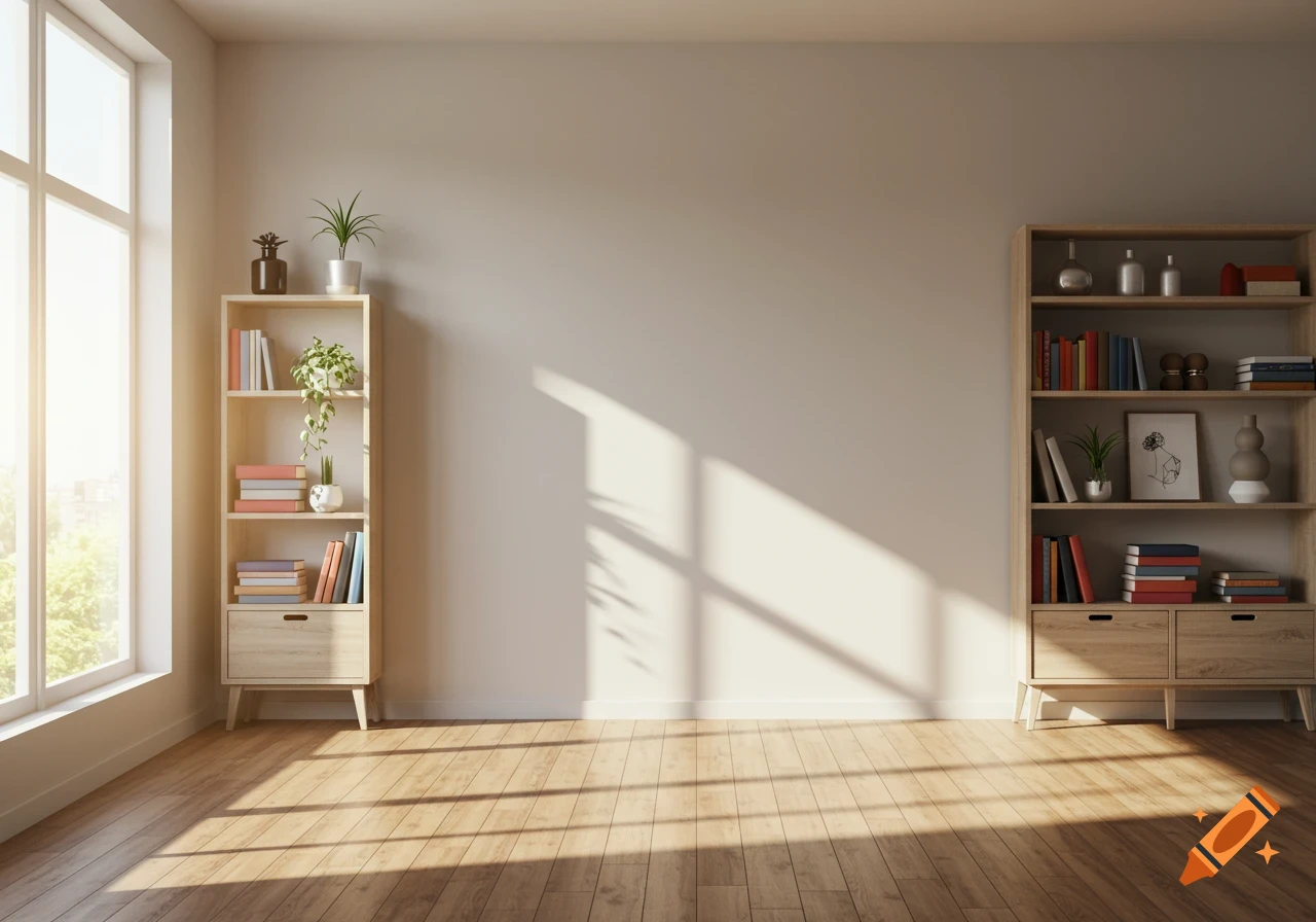 A minimalist room with wooden floors, a large window on the left, and two light wood bookshelves. Sunlight casts shadows across the wall.