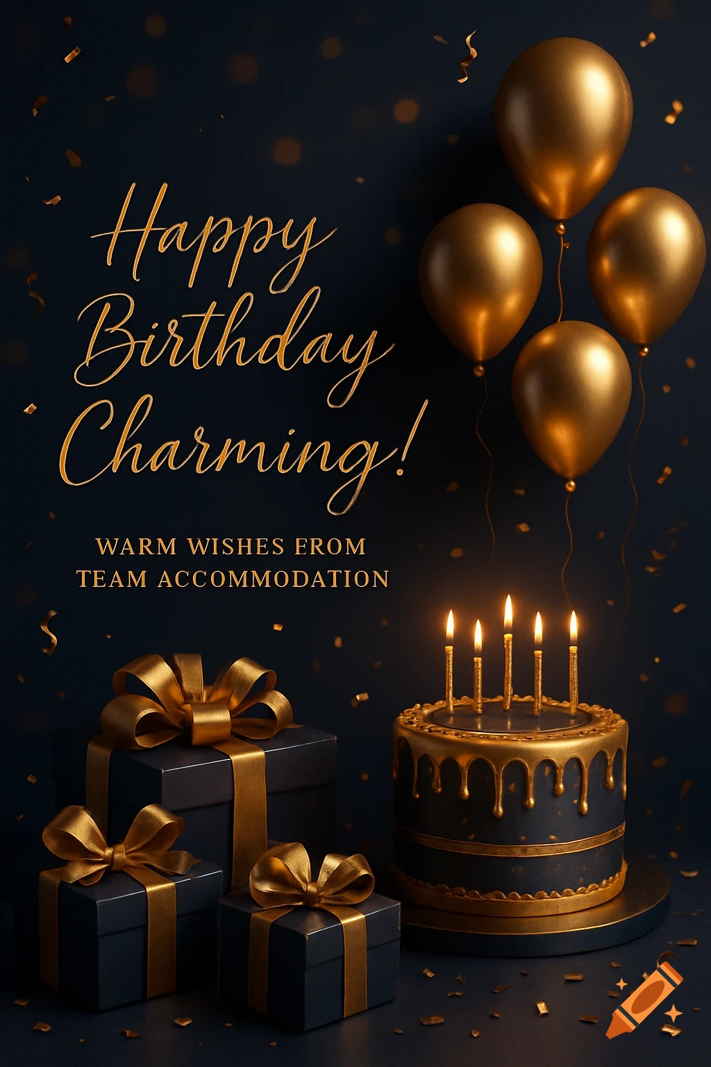 A dark blue and gold birthday greeting card with golden balloons, wrapped gifts, a cake with candles, and confetti. Text reads 'Happy Birthday Charming! Warm wishes from Team Accommodation'.