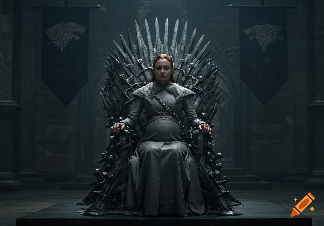 A photorealistic image of a pregnant Sansa Stark sitting on the Iron Throne, wearing a grey dress, with House Stark banners behind her in a dark hall.