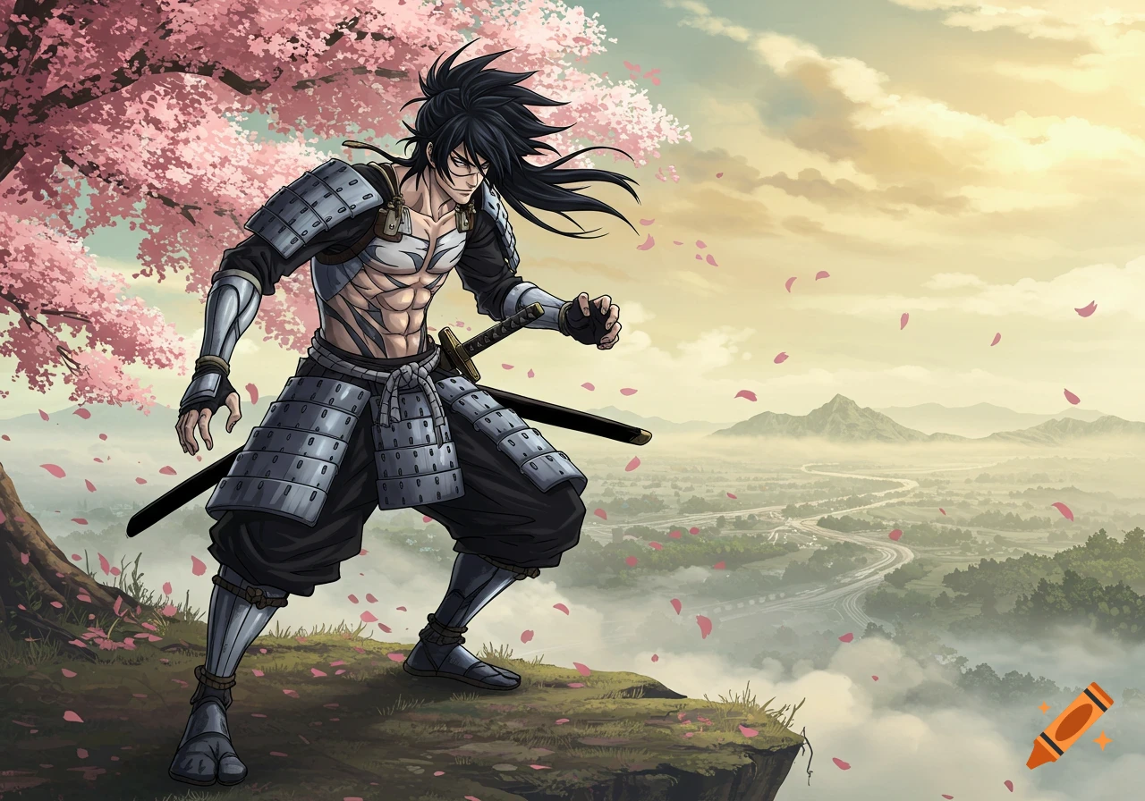 Anime samurai character with black hair and light armor on a cliff overlooking a misty valley with cherry blossoms.