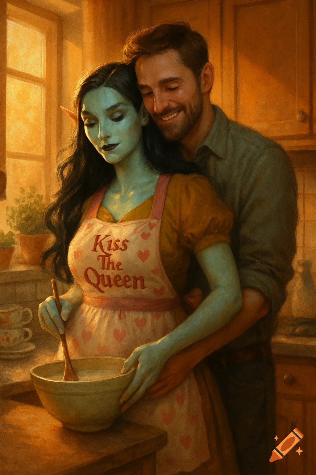 An elf woman in an apron stirs a bowl as her human husband hugs her from behind in a warm kitchen. Fantasy art style.