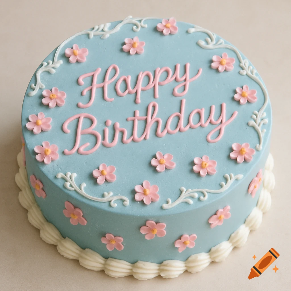 A light blue cake with pink cursive 'Happy Birthday' and small pink flowers, bordered by white piping.