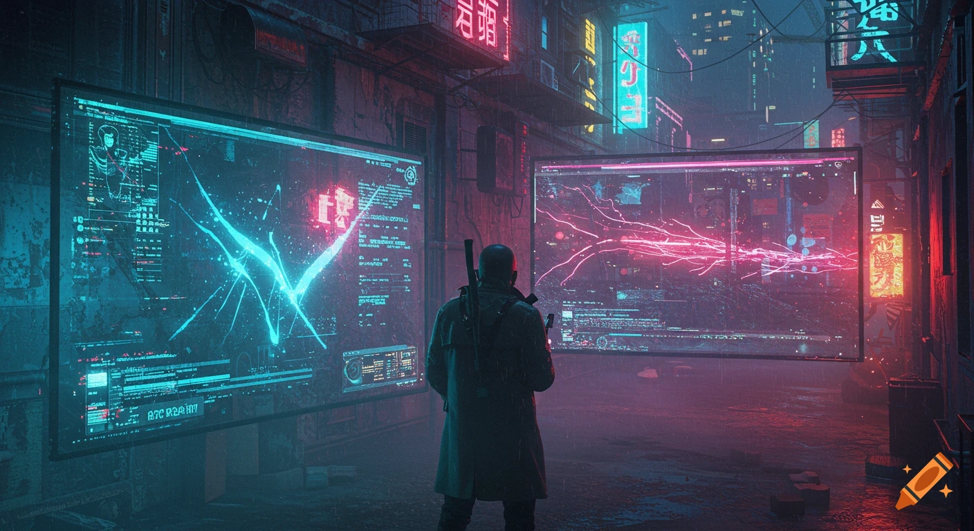 A lone figure in a trench coat views two large, glowing data screens in a rain-slicked cyberpunk alley at night, with neon signs.
