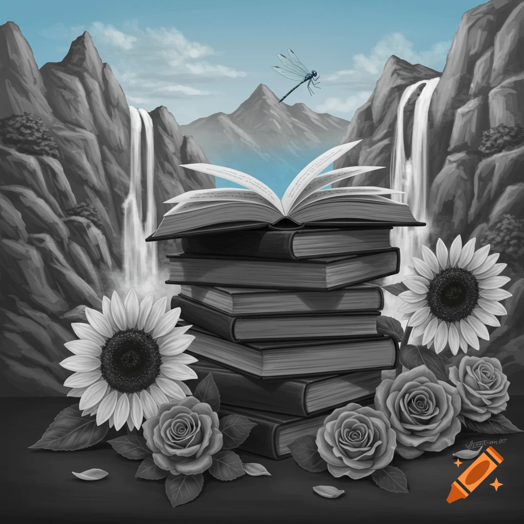 A monochrome image shows a stack of books with one open, surrounded by sunflowers and roses. In the background are mountains with waterfalls, and a dragonfly flies in a blue sky.