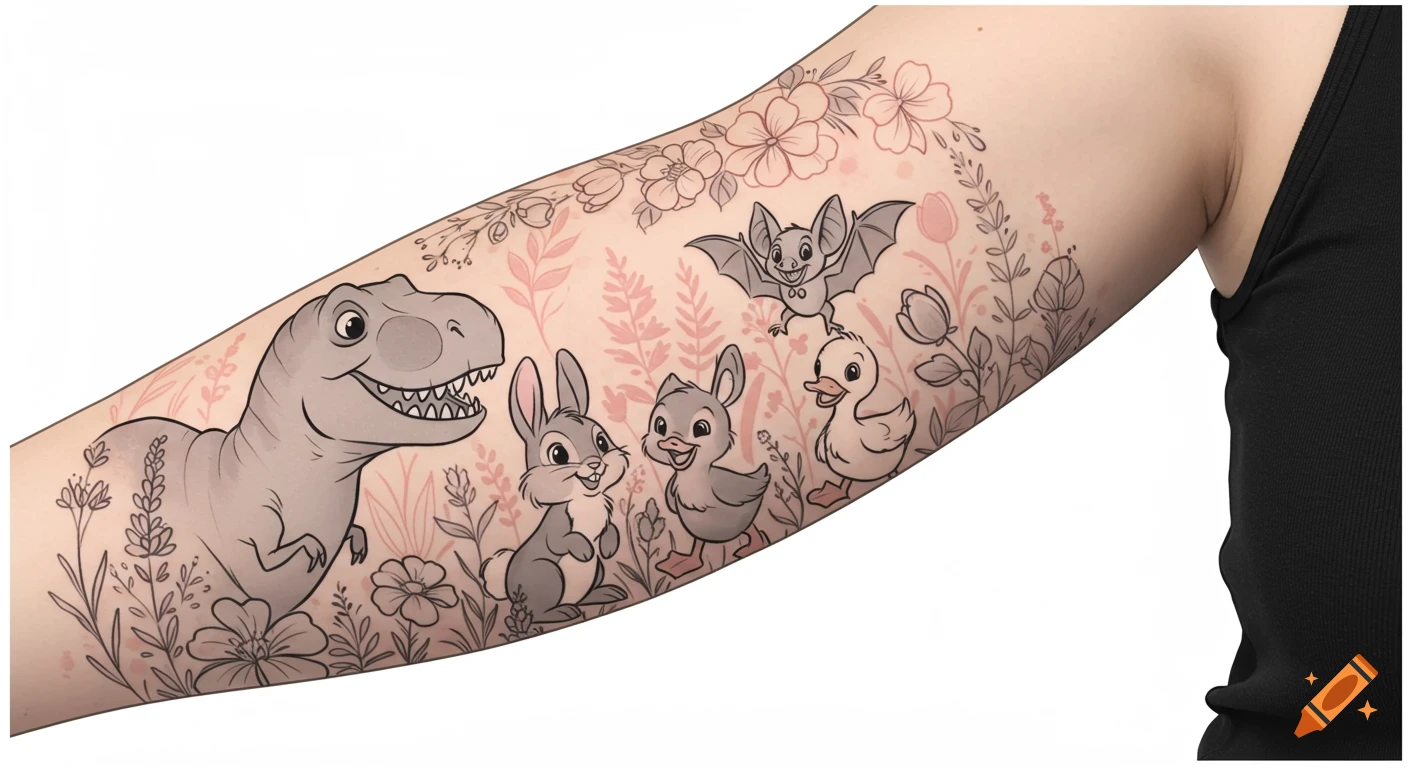 Whimsical black-and-grey tattoo on a forearm depicting cartoon animals like a T-Rex, bunny, bat, and duckling among flowers.